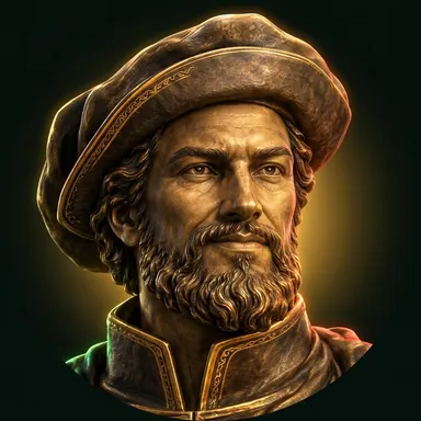 Bronze portrait of a bearded Portuguese navigator in a cap, looking ahead with a half-smile
