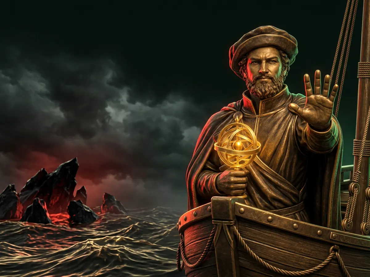 Bronze navigator at a ship’s bow, open palm raised in a stop gesture, facing a stormy sea and red-lit rocks