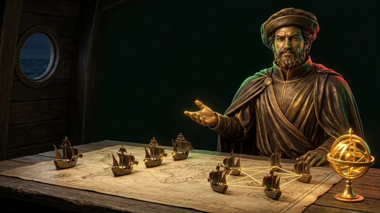 Navigator behind a table of model caravels: one alone, three roped in a line and a group linked in a web