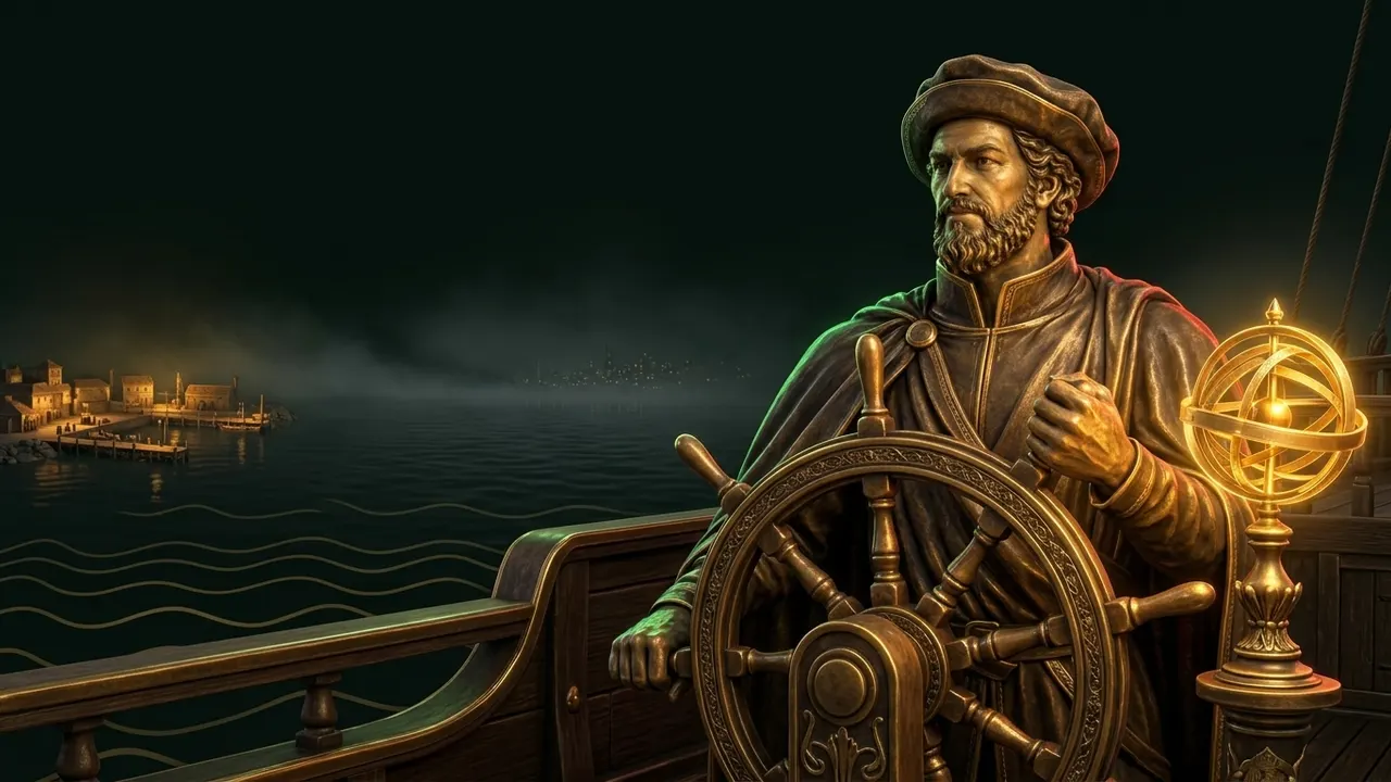 Navigator turning a ship’s wheel, with a gold-lit harbour nearby and another far off in the mist