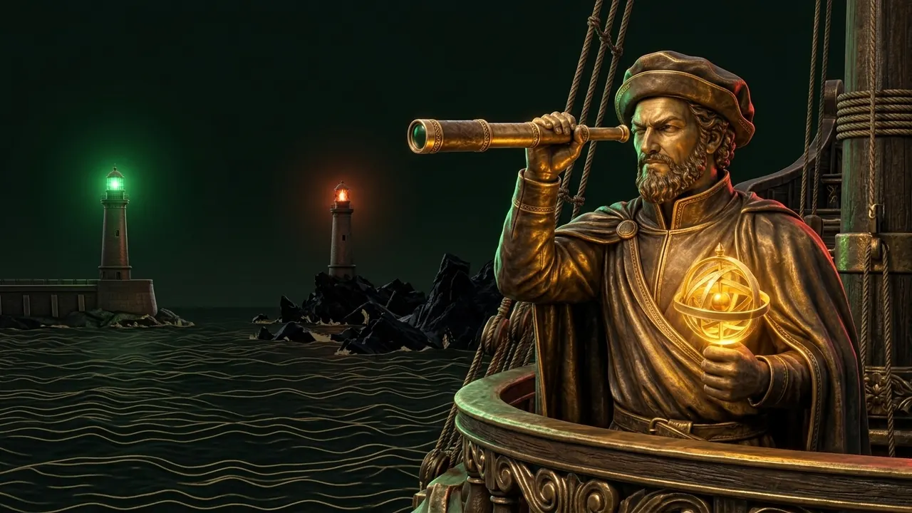 Navigator looking through a spyglass at two lighthouses, a green one on a harbour wall and a red one on rocks