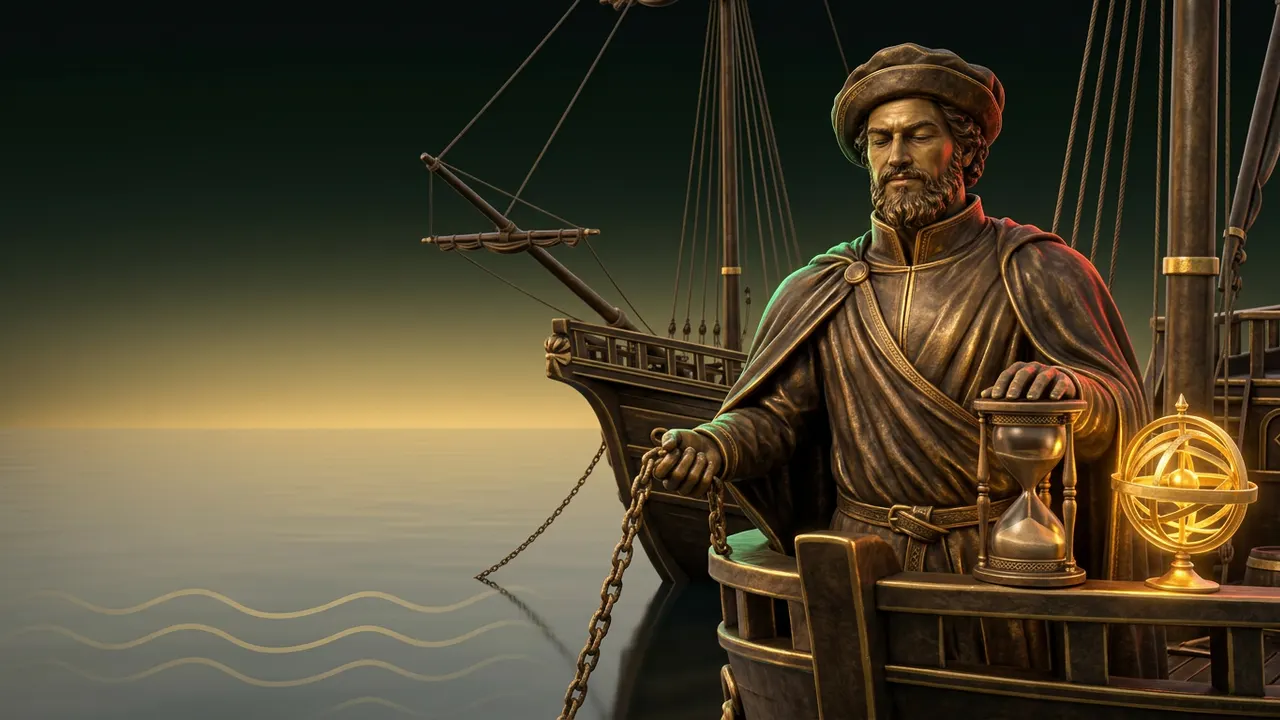 Navegador ao amanhecer numa baía calma, com a corrente da âncora lançada e a mão numa ampulheta de bronze