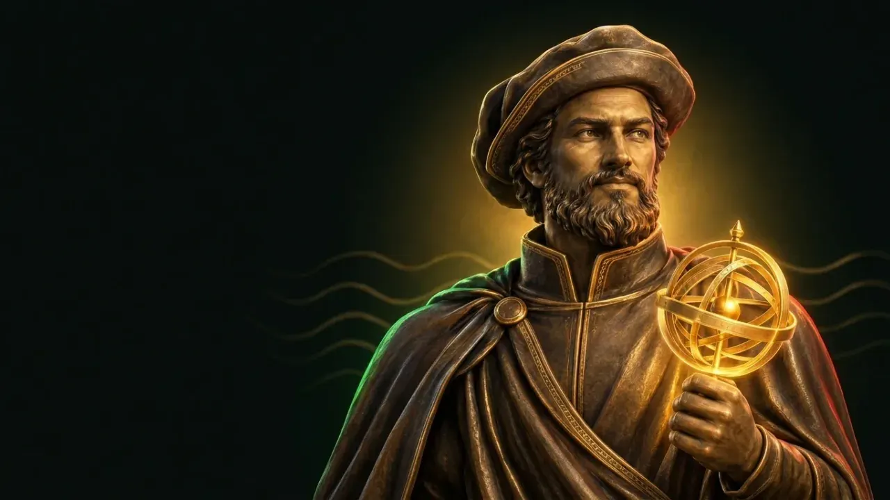 Bronze statue of a Portuguese navigator in a cap and cloak, holding a glowing golden armillary sphere, with gold wave lines behind him