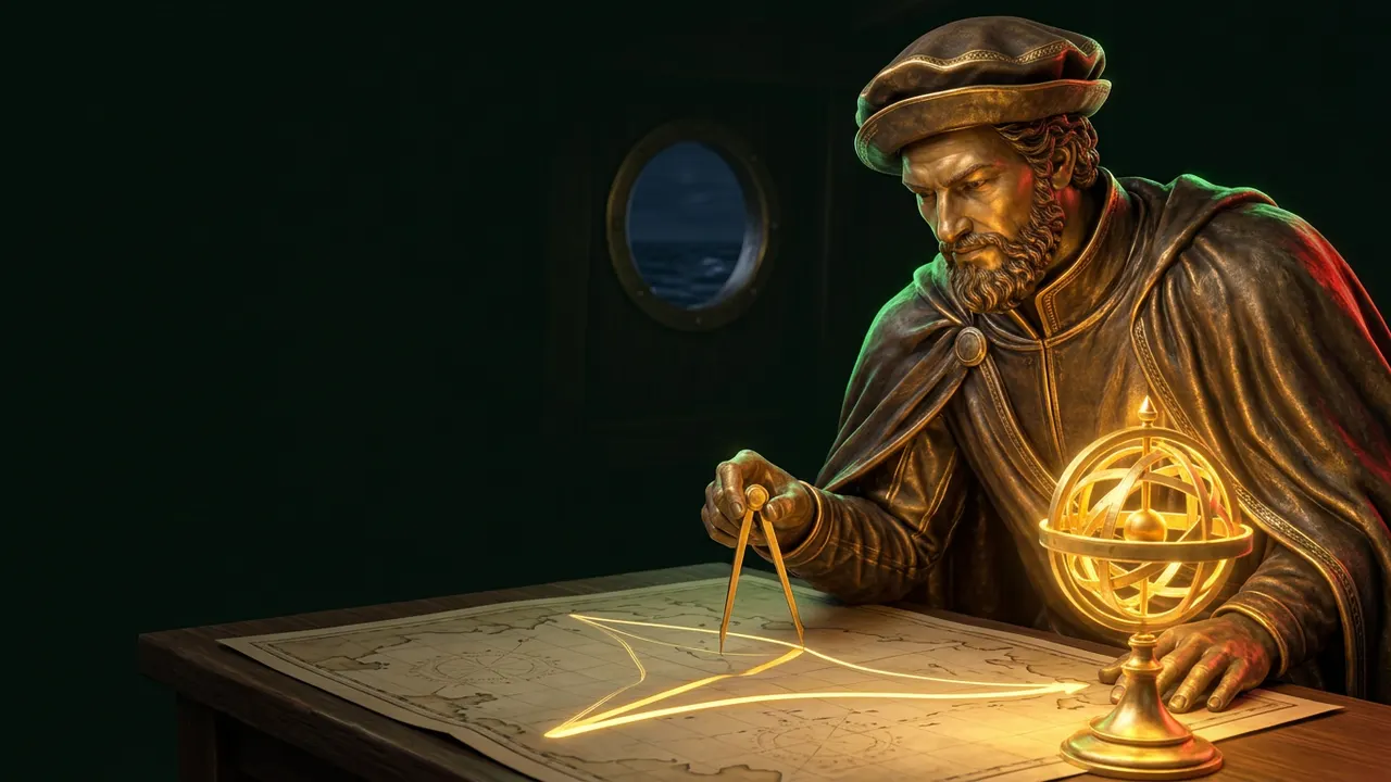 Navigator leaning over a chart table with gold dividers, plotting three glowing routes of different thickness